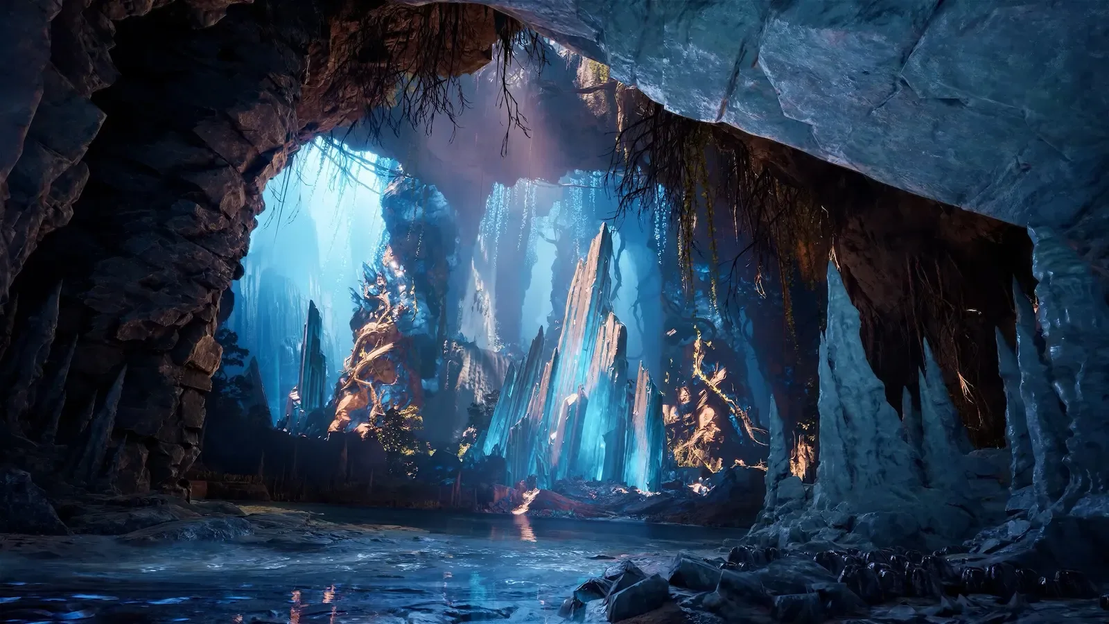 Caverna de cristais iluminados no mundo do Aion 2