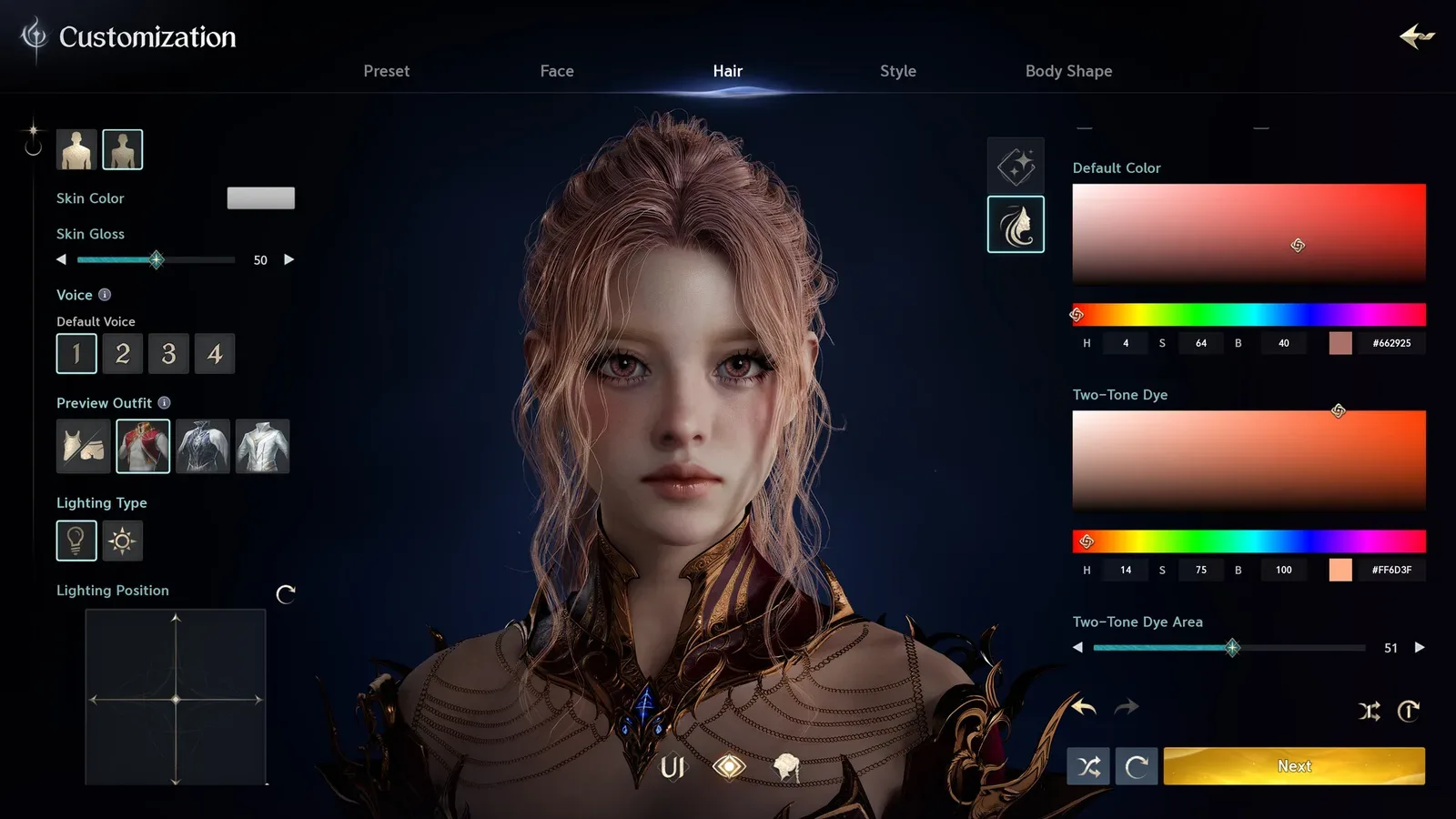 Tela de criação de personagem do Aion 2, com controles de cabelo, cor e iluminação