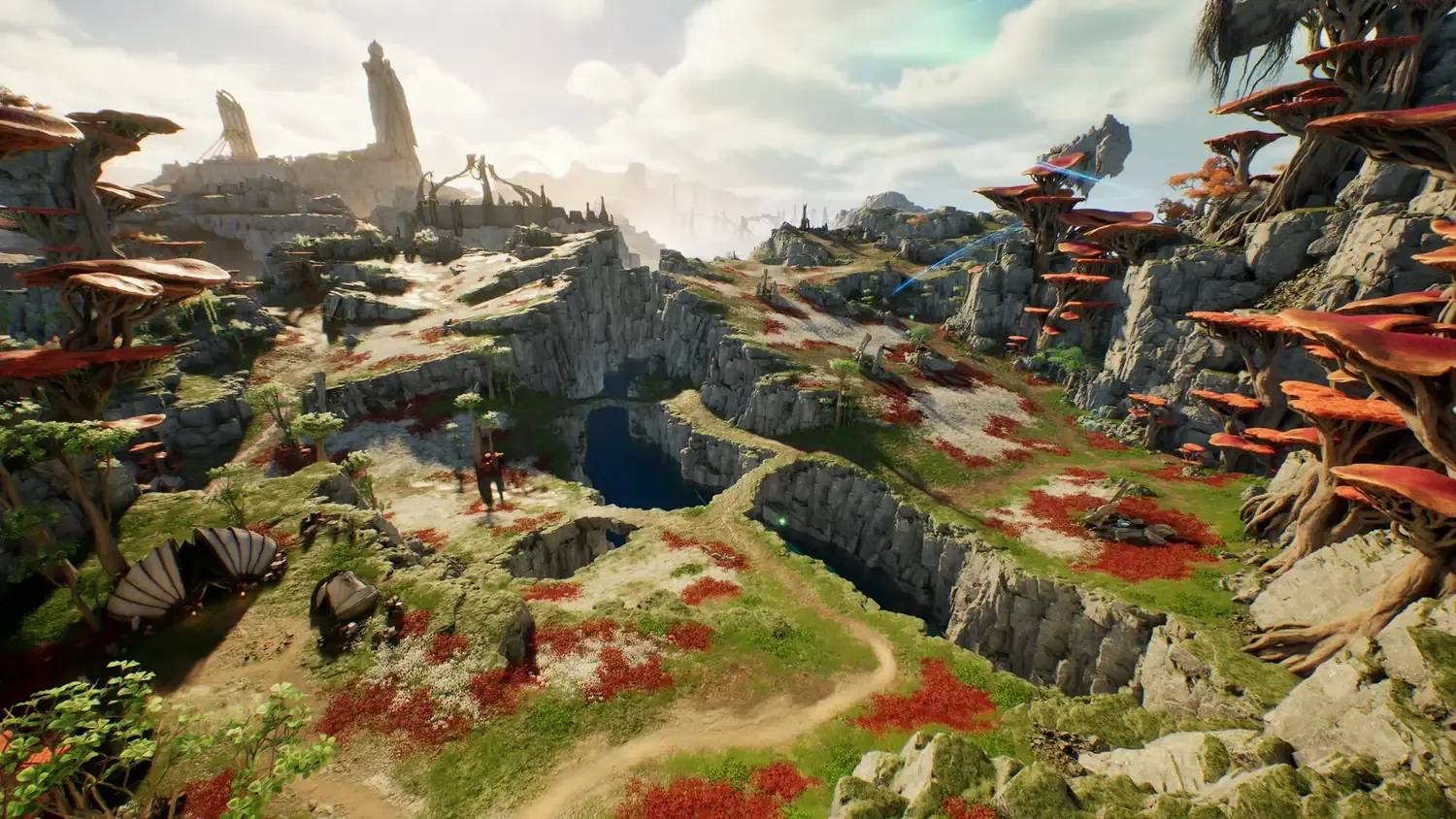 Paisagem de Atreia no Aion 2, com penhascos, ruínas e vegetação vermelha