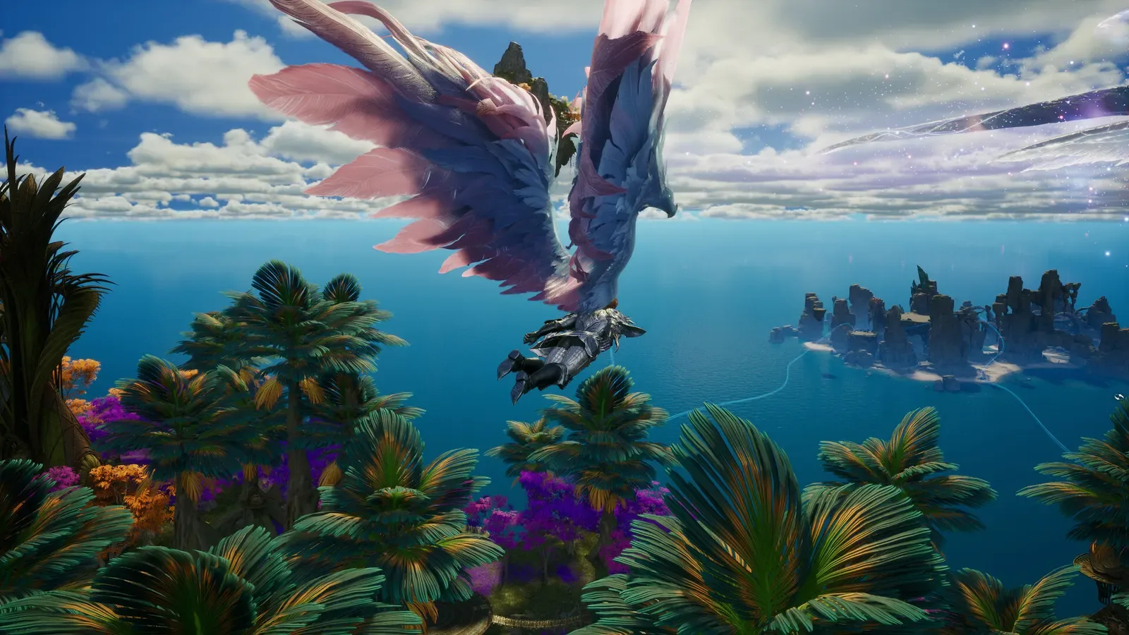 Personagem do Aion 2 voando com asas sobre o mar em direção a ruínas flutuantes