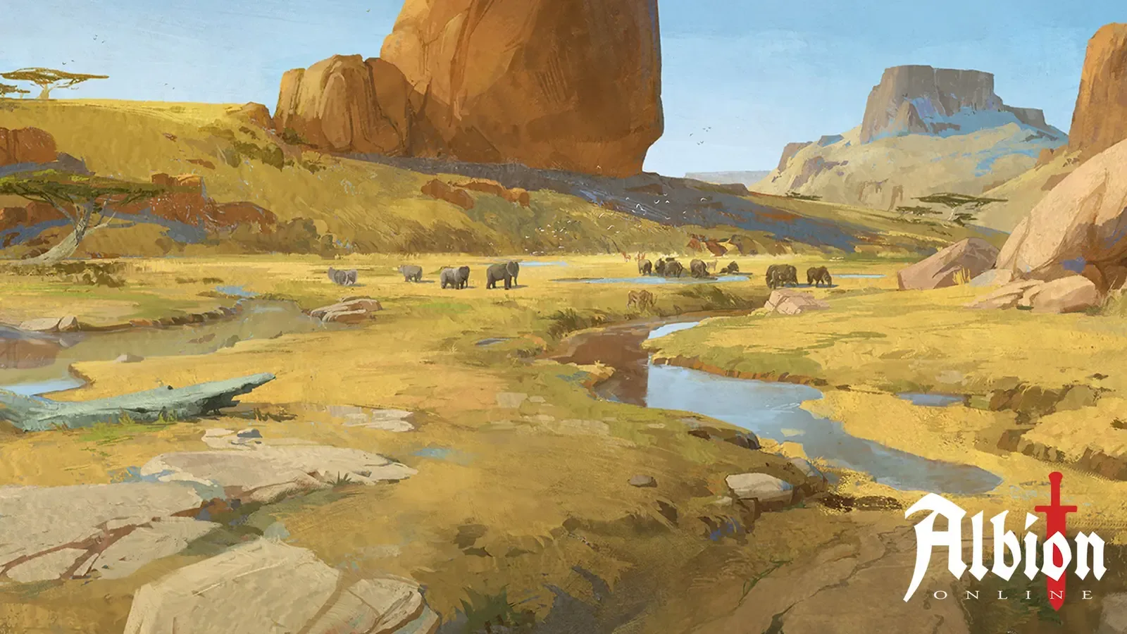 Planície de estepe em Albion Online, com rochas alaranjadas, um riacho e elefantes ao longe