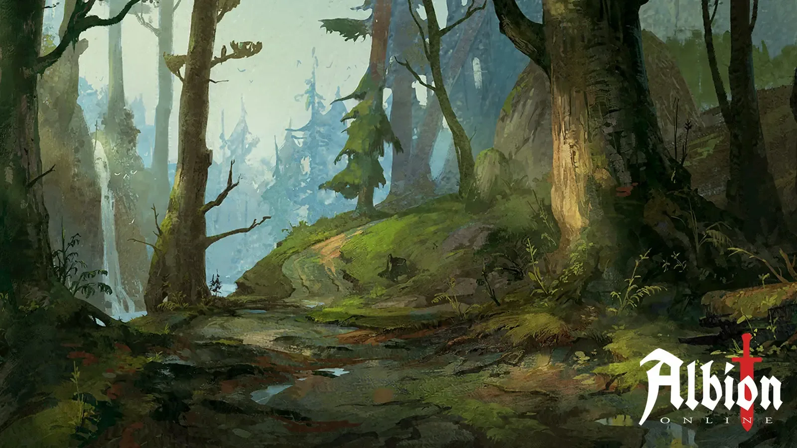 Floresta densa de Albion Online, com um riacho descendo entre árvores altas e uma cachoeira ao fundo