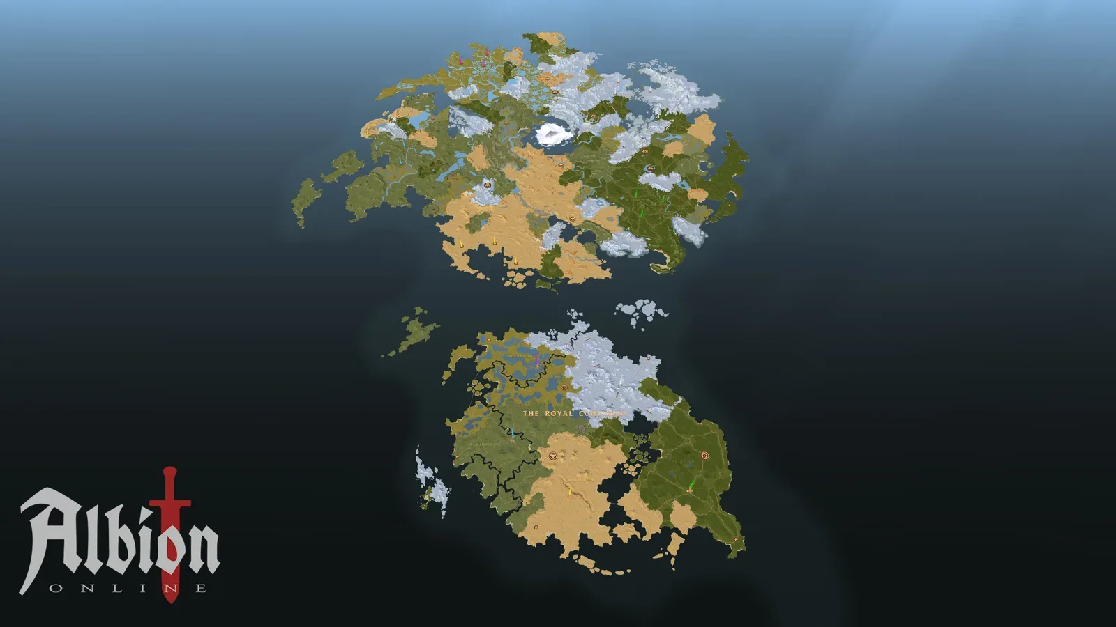Mapa do mundo de Albion mostrando os dois continentes, o Continente Real ao sul e as Terras Distantes ao norte