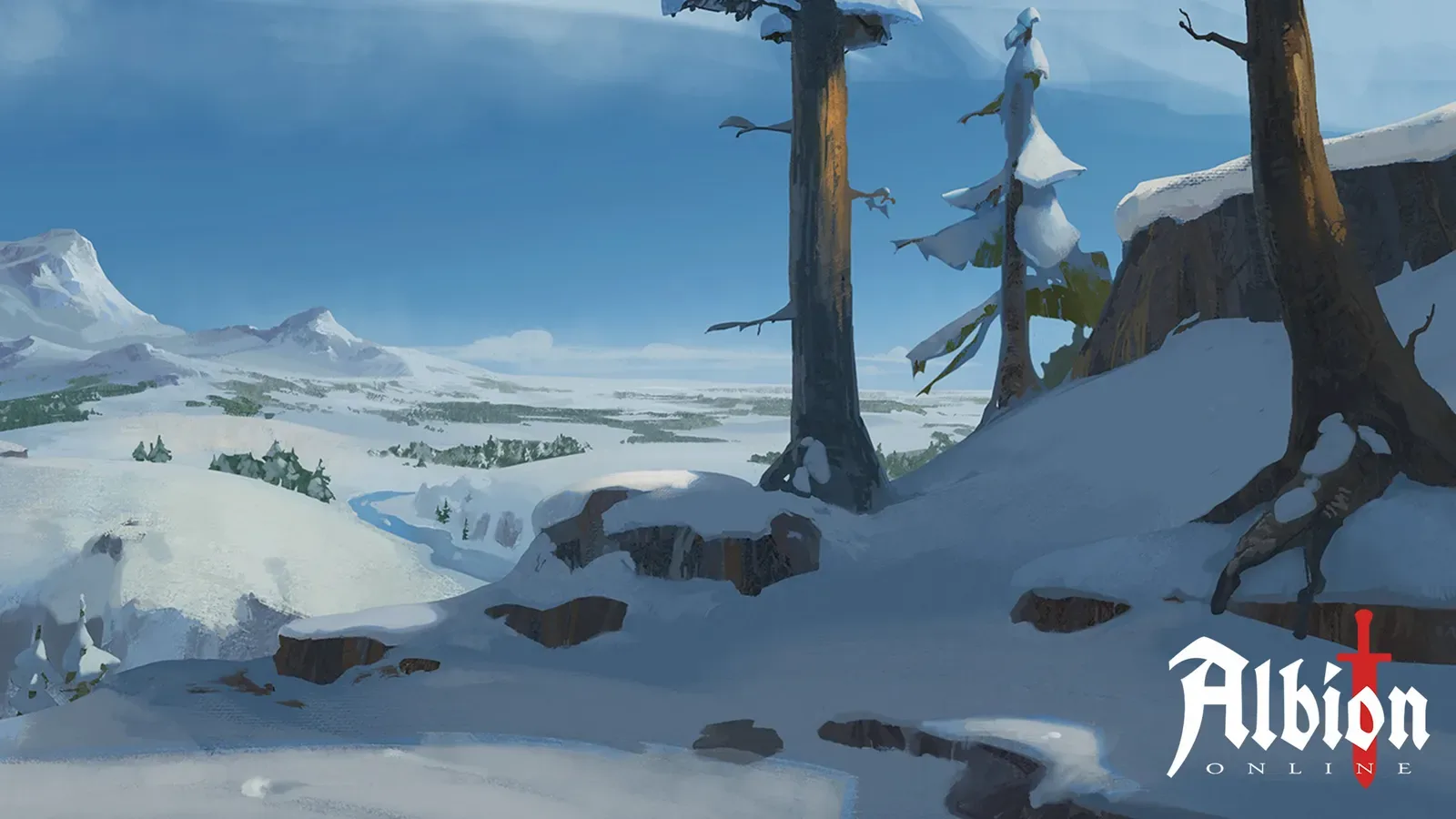 Encosta nevada do bioma Montanha em Albion Online, com pinheiros cobertos de neve e um vale gelado ao fundo