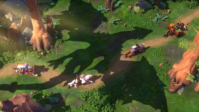 A sombra de um dragão em voo passando sobre uma estrada arborizada com montarias
