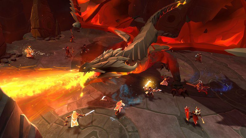 Azaryon cuspindo fogo contra um grupo de aventureiros em Albion Online