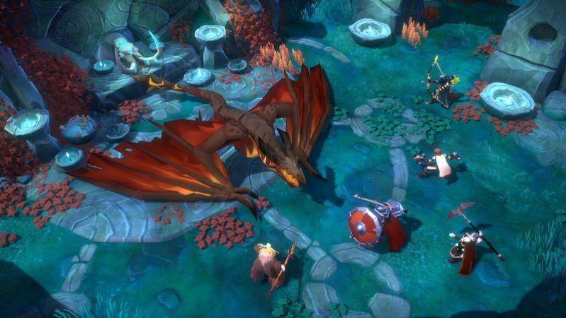 Um draco vermelho descansando entre pedras e portais no bioma das Terras Ancestrais