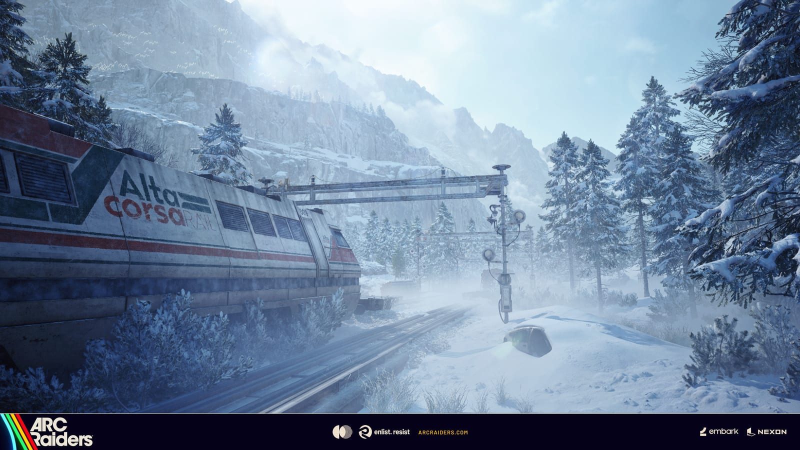 Trem abandonado sob a neve no universo de Arc Raiders