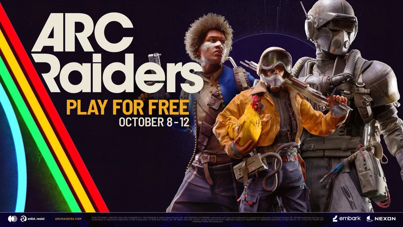 Arte oficial do período grátis de Arc Raiders, com três Raiders e as datas de 8 a 12 de outubro