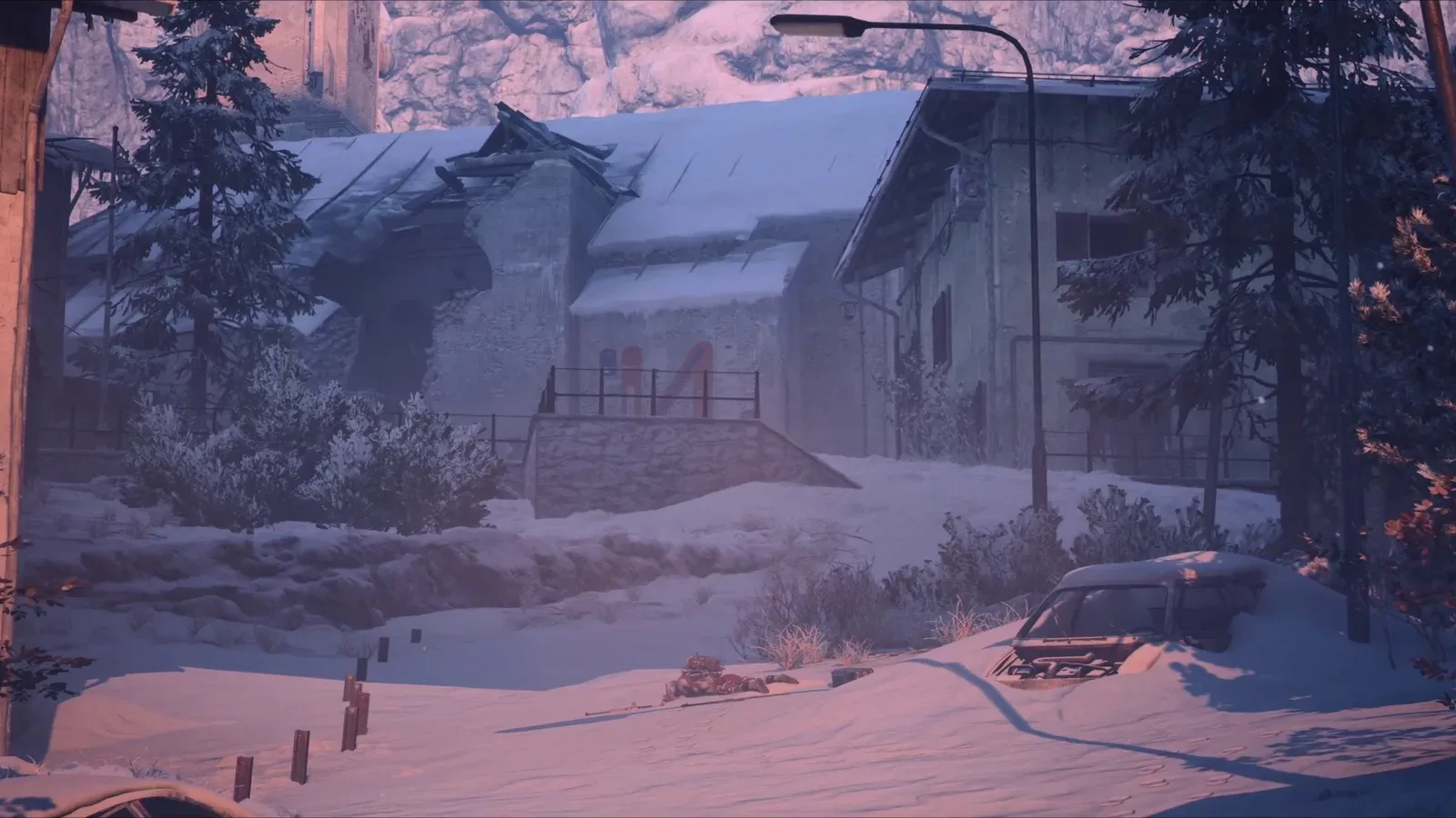Casas cobertas de neve no vilarejo de Pendola Pass, em Arc Raiders