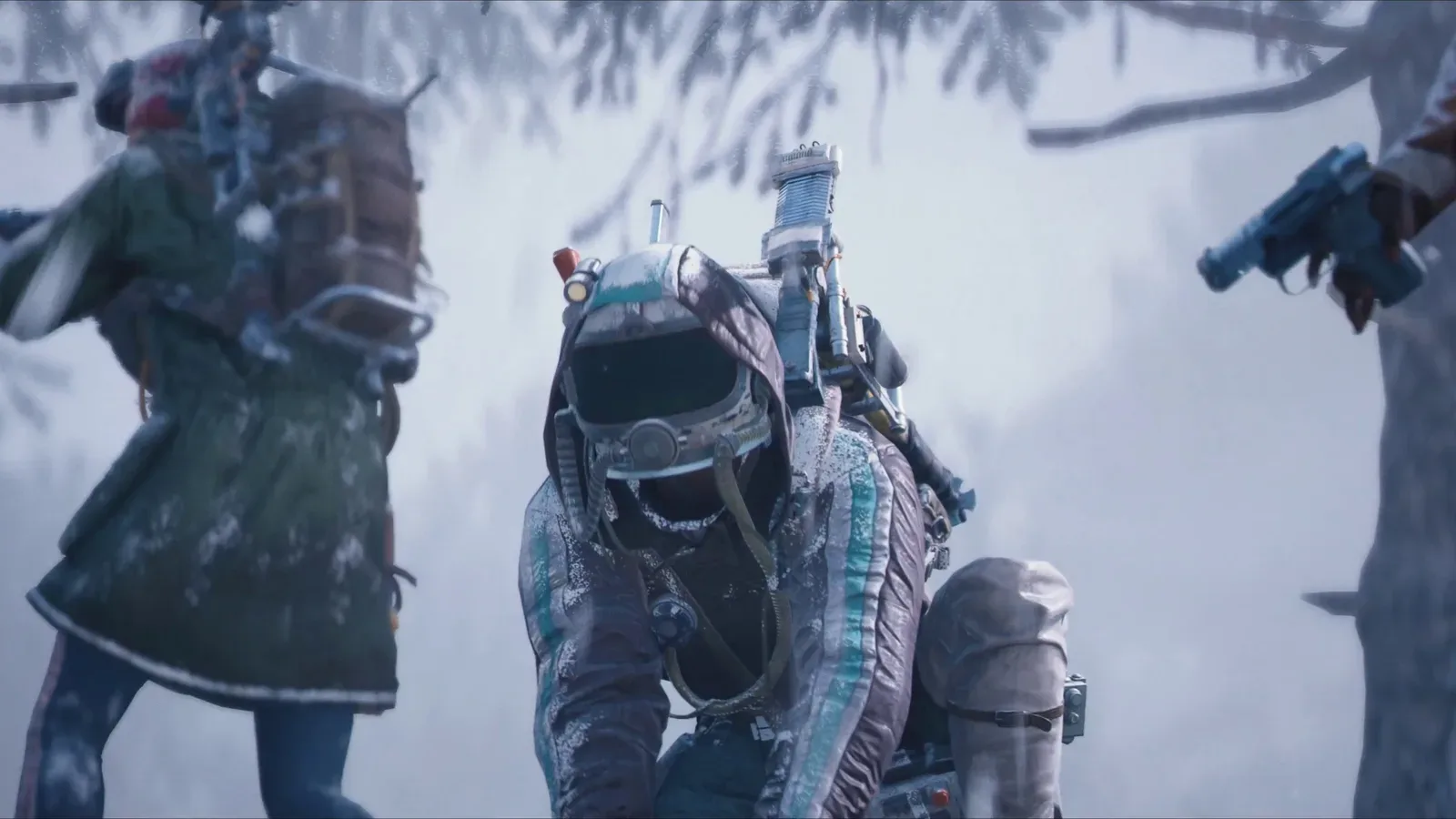 Três Raiders juntos em uma floresta coberta de neve