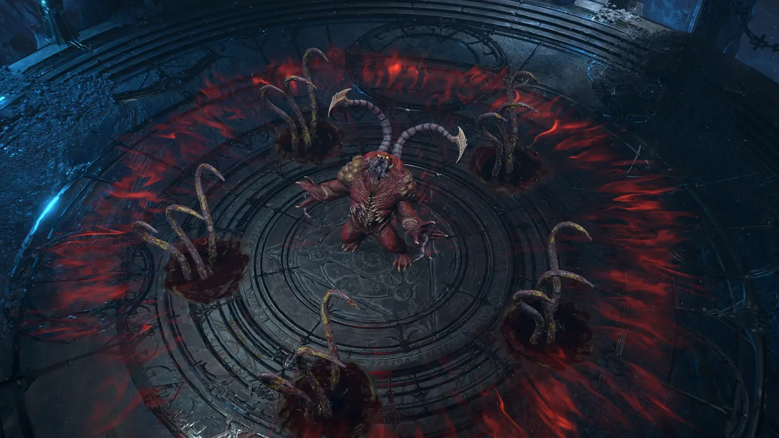 Chefe demoníaco no centro de uma arena circular cercada por chamas vermelhas