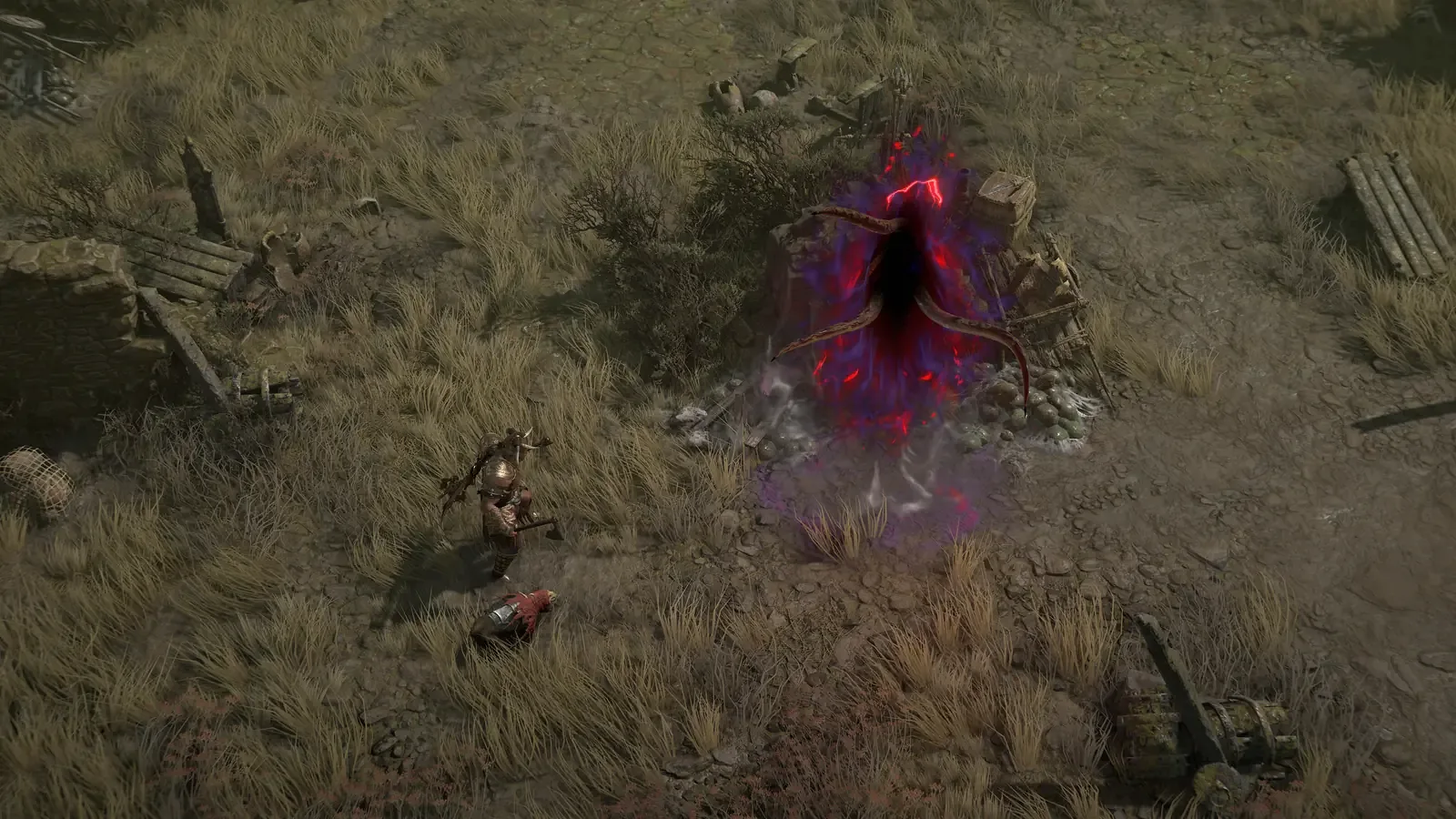 Dois personagens diante de um portal demoníaco aberto no meio de um campo de mato seco