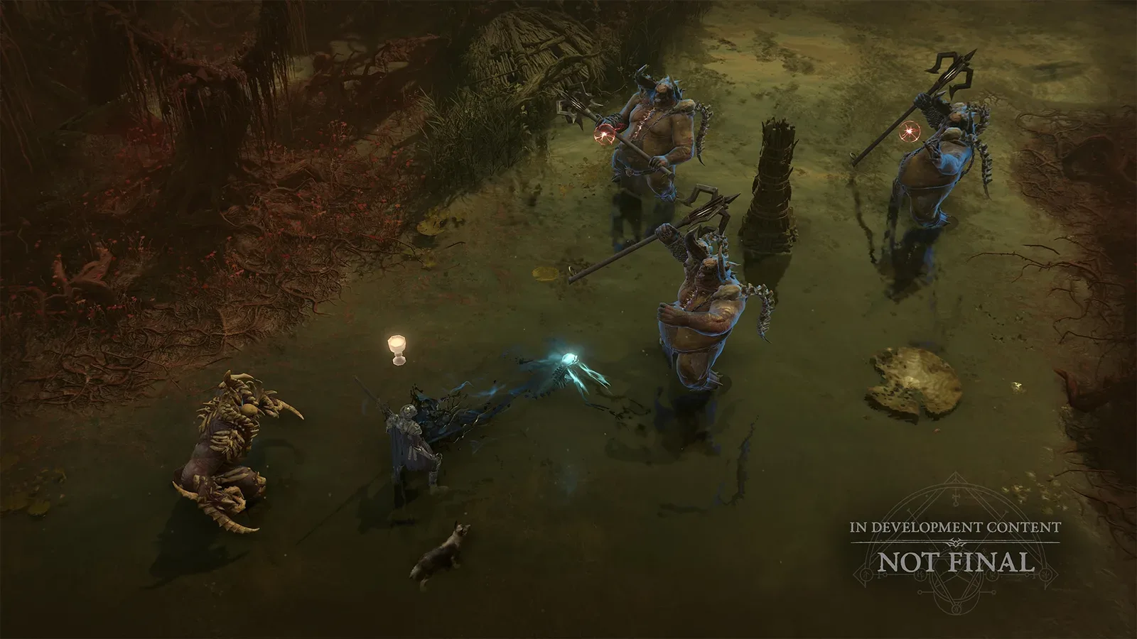Personagem cercado por inimigos em um pântano de Diablo IV