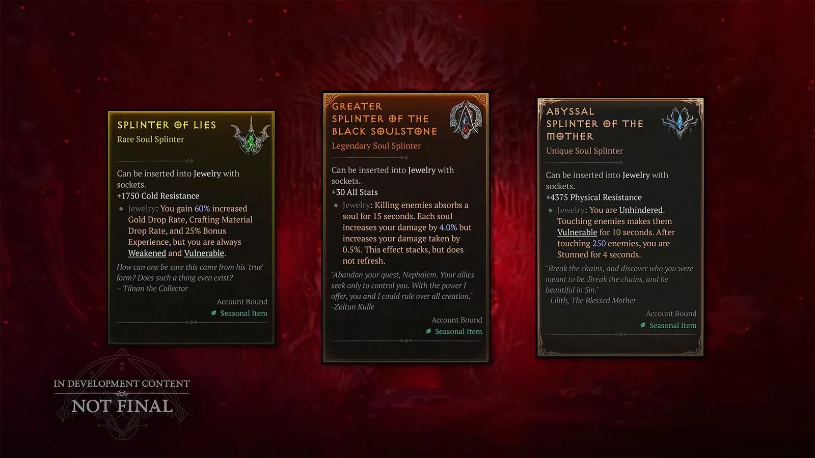 Cartões de três Estilhaços de Alma da Temporada 15 de Diablo IV