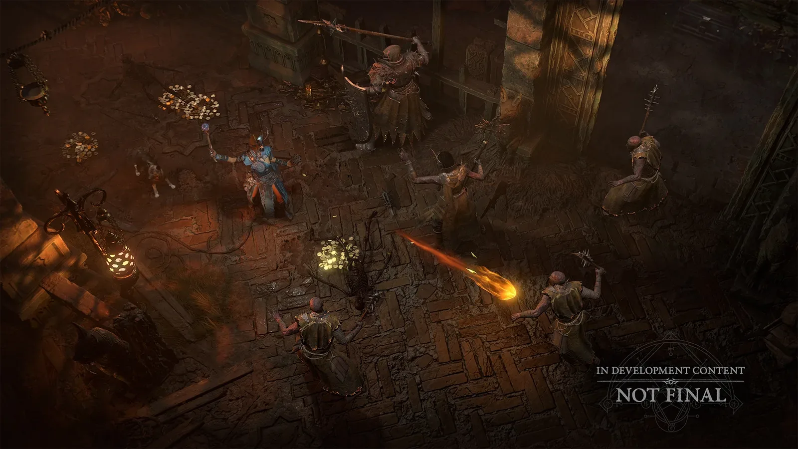 Combate em uma masmorra de Diablo IV com ouro espalhado pelo chão
