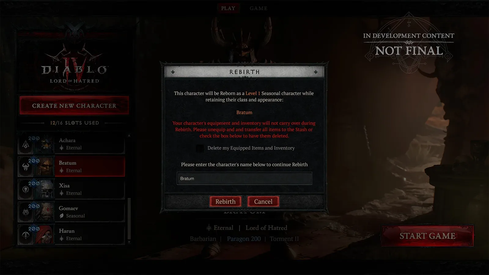 Tela de confirmação do Renascimento em Diablo IV, com o aviso de que o inventário não é transferido