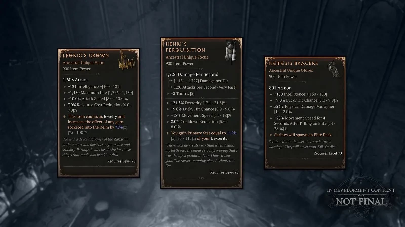 Cartões dos Únicos de Legado Coroa de Leoric, Perquisição de Henri e Braçadeiras de Nêmesis