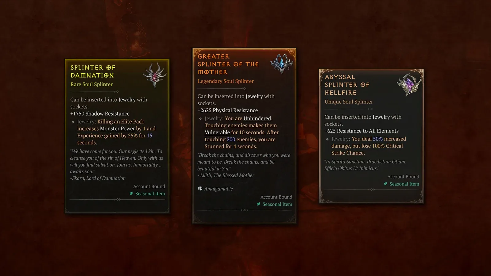 Descrições de três Estilhaços de Alma no inventário de Diablo IV