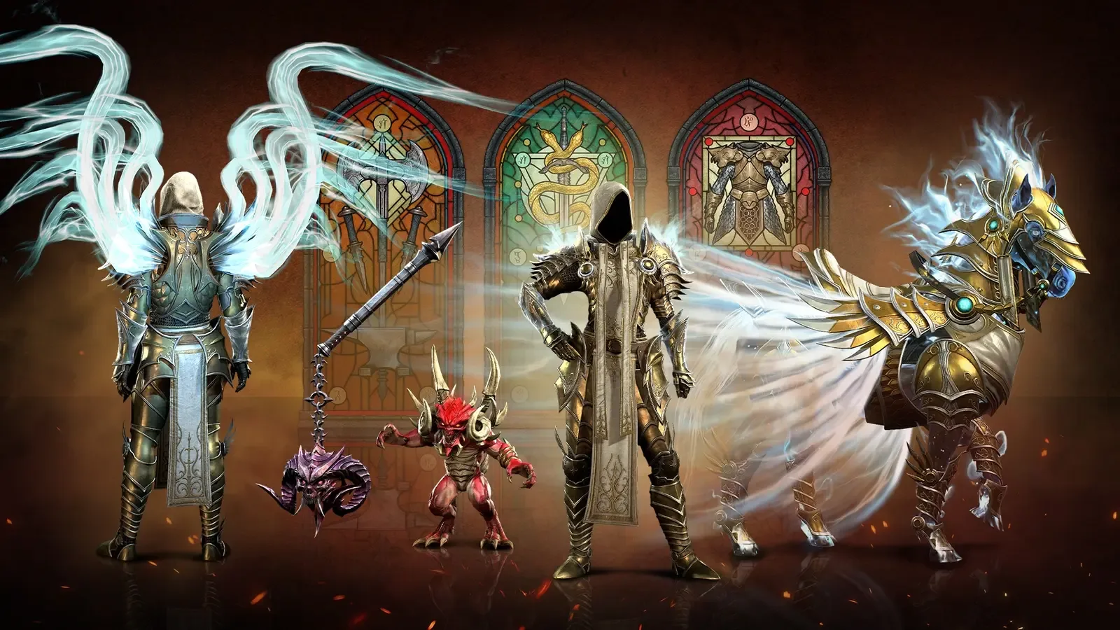 Arte do Relicário da Temporada do Legado Infernal, com heróis e vitrais