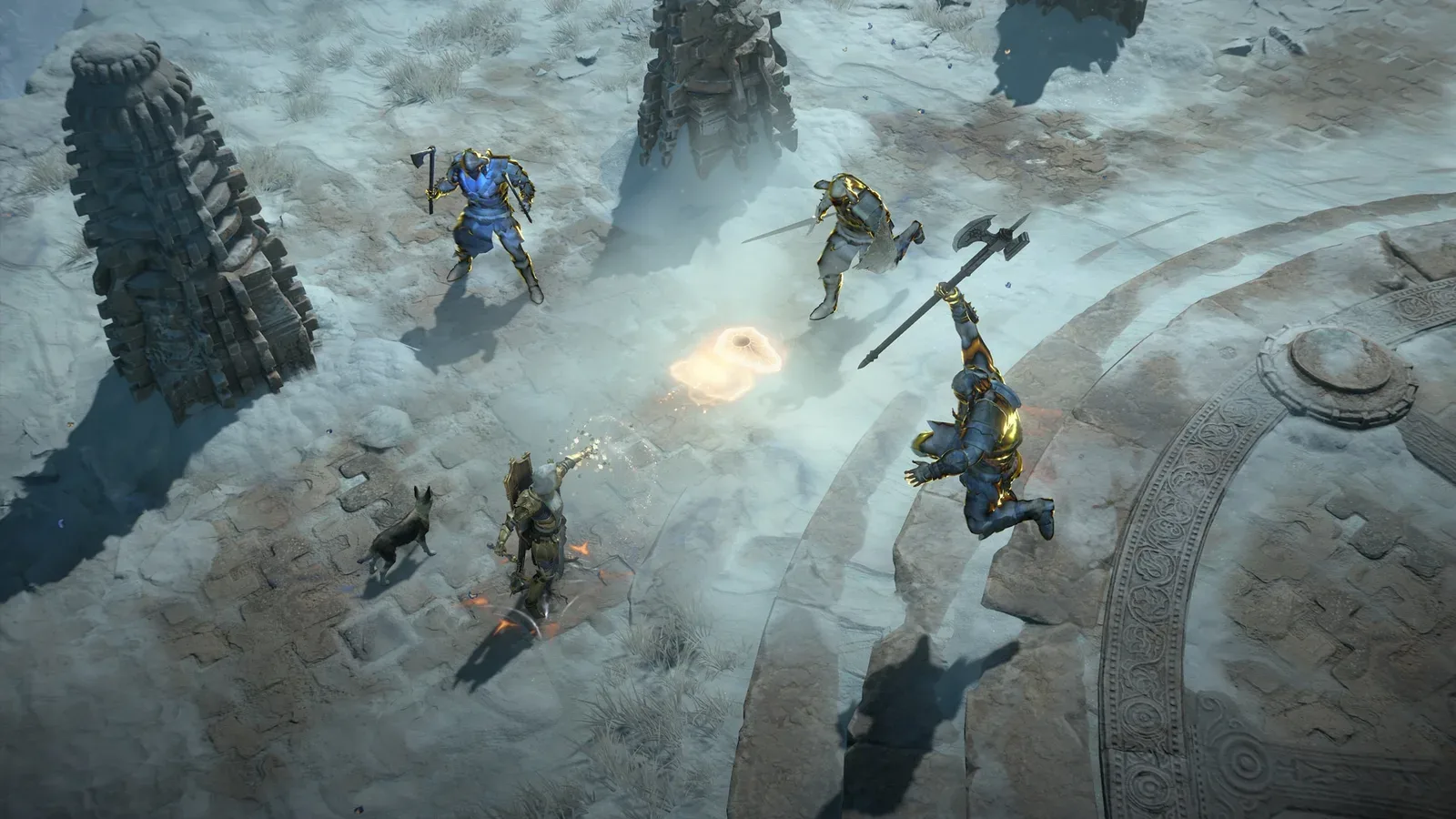 Heróis de Diablo IV lutando em ruínas cobertas de neve durante a série de missões da temporada