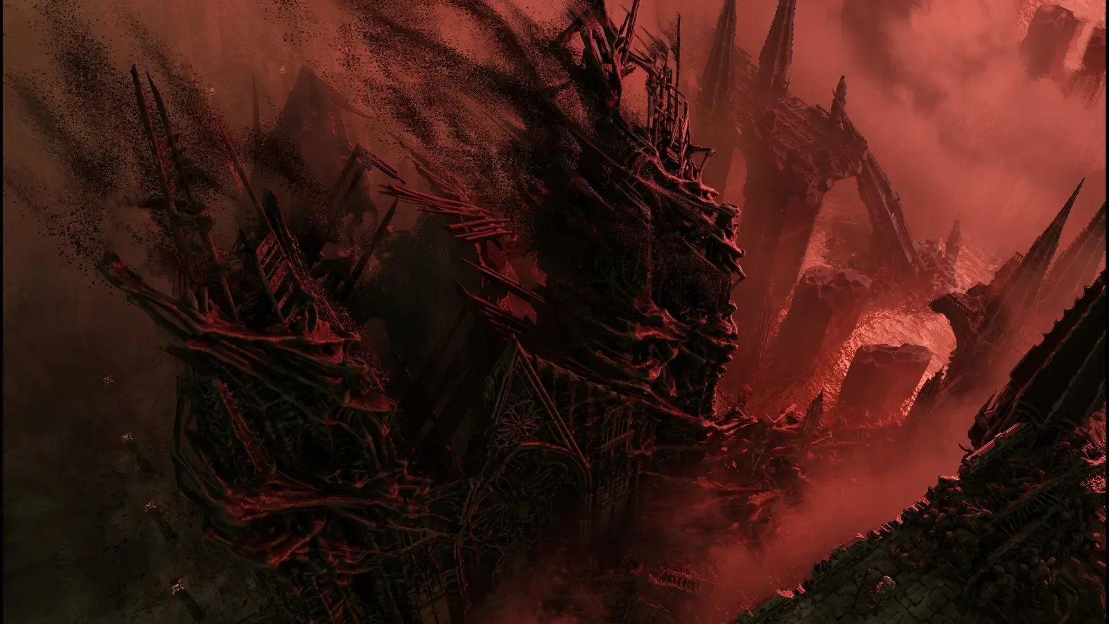 Arte conceitual de Diablo V com uma paisagem infernal em tons de vermelho