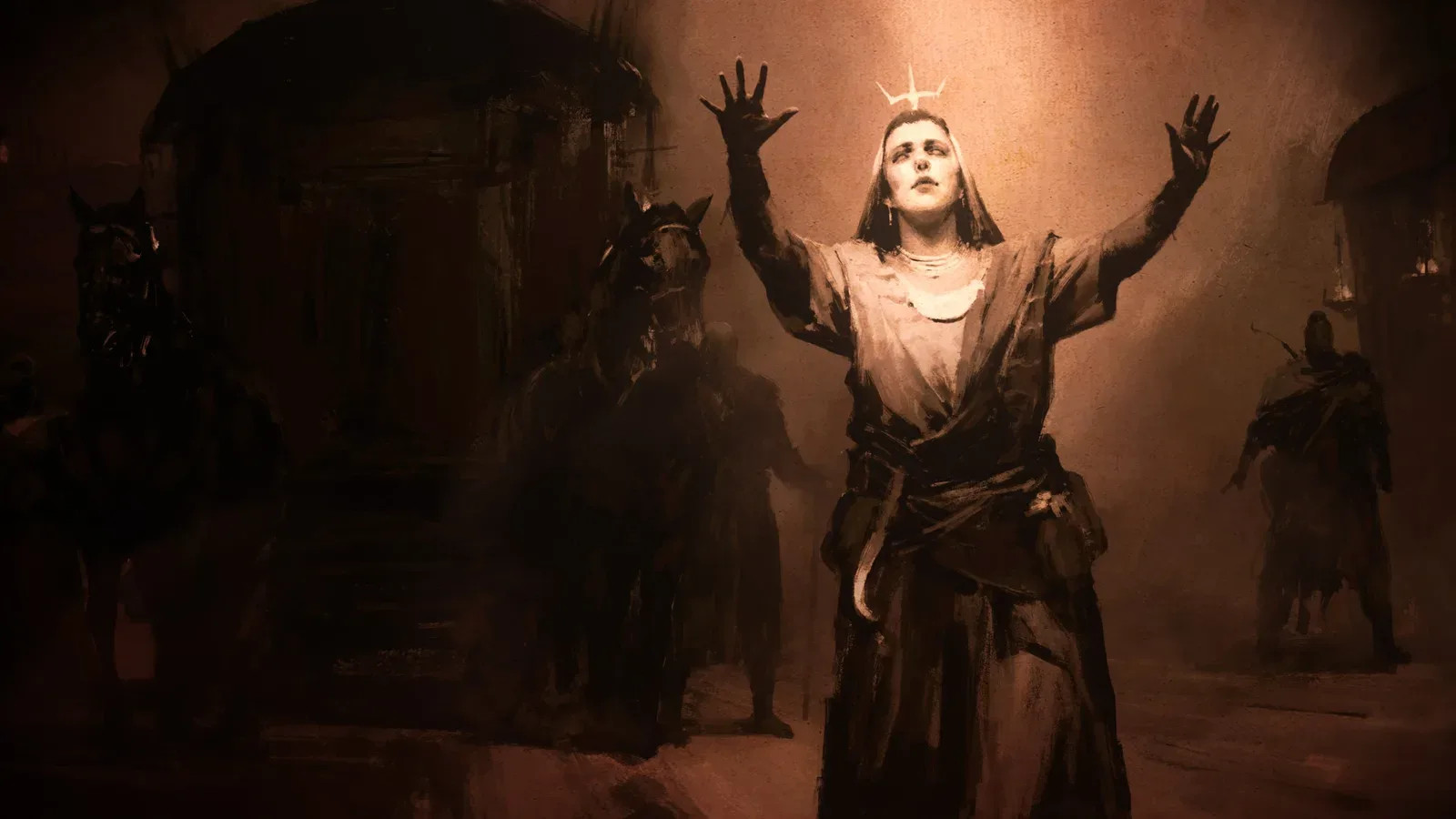 Arte conceitual de Diablo V com sobreviventes reunidos em volta de uma figura iluminada