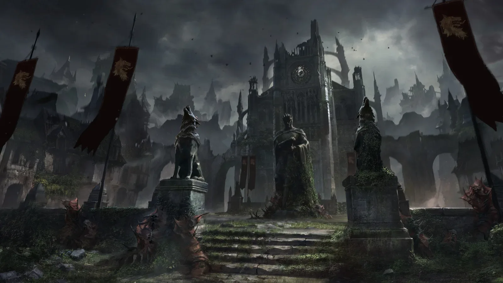 Arte conceitual de Diablo V com uma cidade em ruínas, estátuas cobertas de musgo e estandartes vermelhos