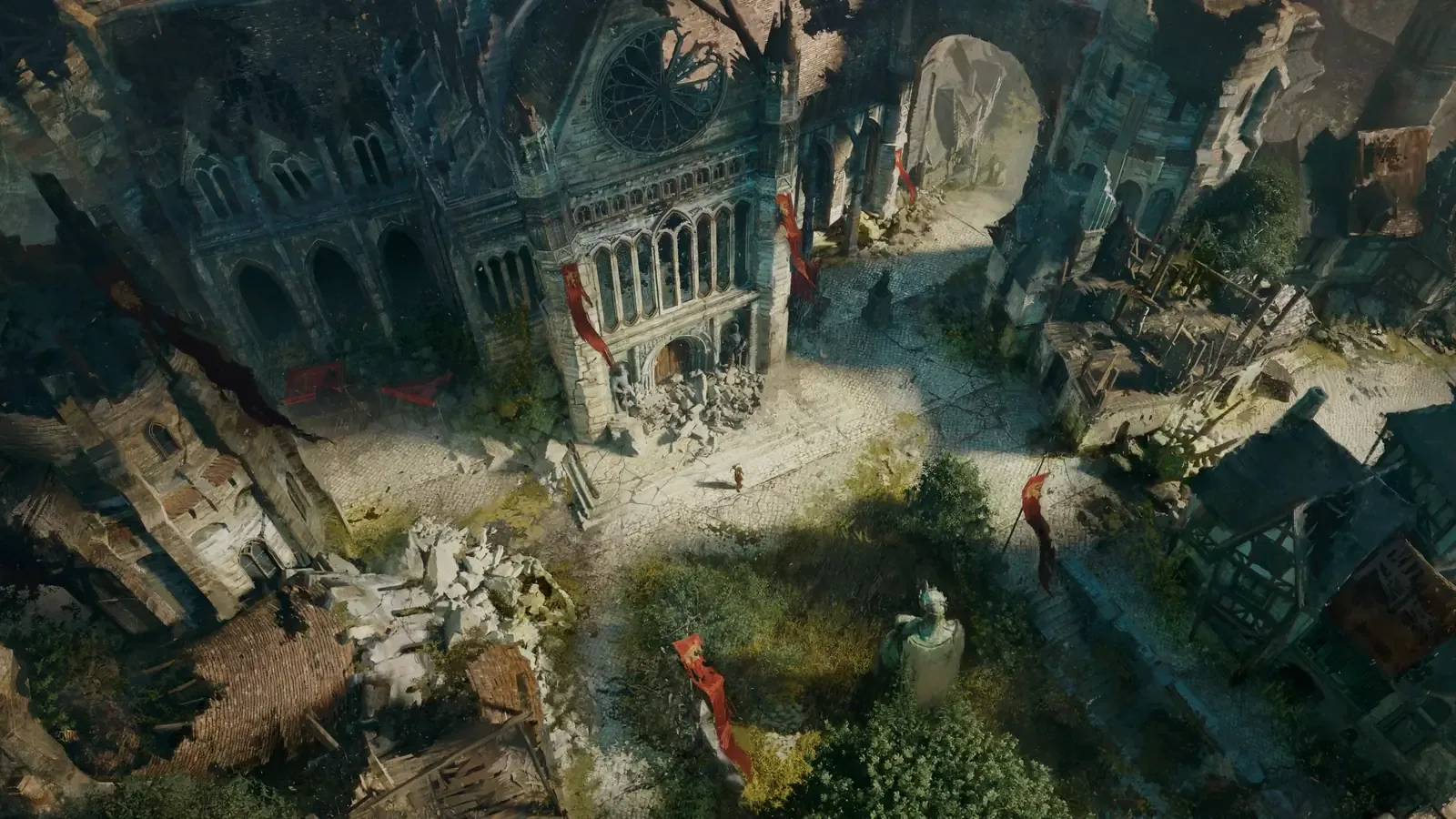 Arte conceitual de Diablo V mostrando de cima uma praça em ruínas diante de uma catedral