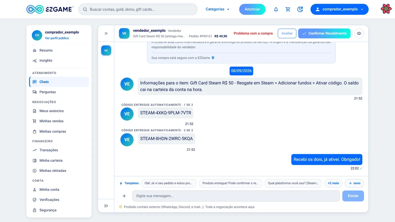 Chat de um pedido da EZGame com os códigos entregues automaticamente, cada um em uma mensagem, acima do botão Confirmar Recebimento