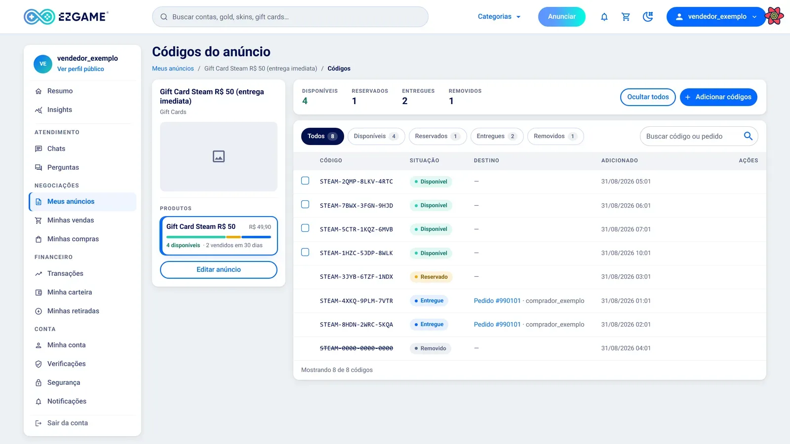 Página Códigos do anúncio no painel da EZGame, com os contadores de disponíveis, reservados, entregues e removidos e a tabela de códigos
