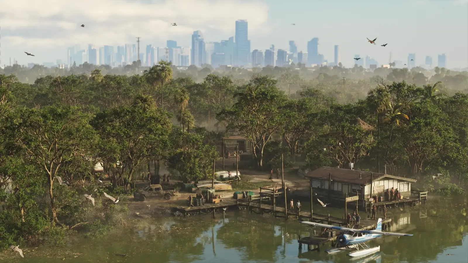 Pântano de Grassrivers com a silhueta de Vice City no horizonte