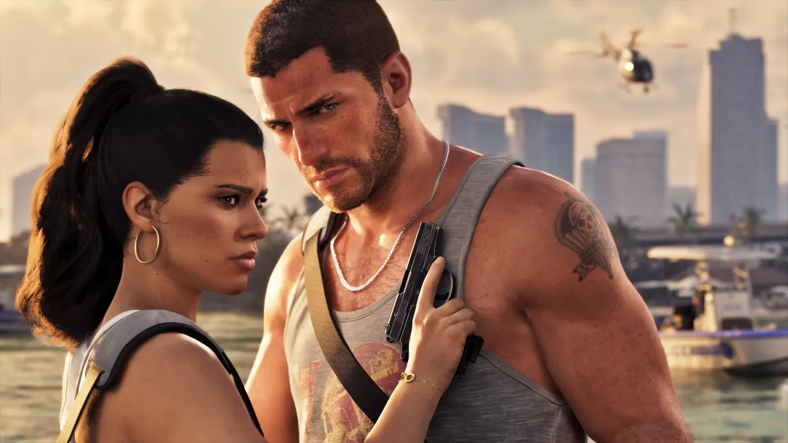 Jason e Lucia com a orla de Vice City ao fundo
