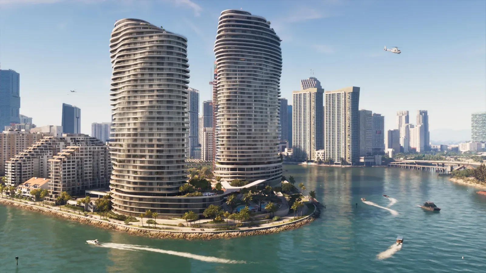 Vista aérea de dois arranha-céus na orla de Vice City
