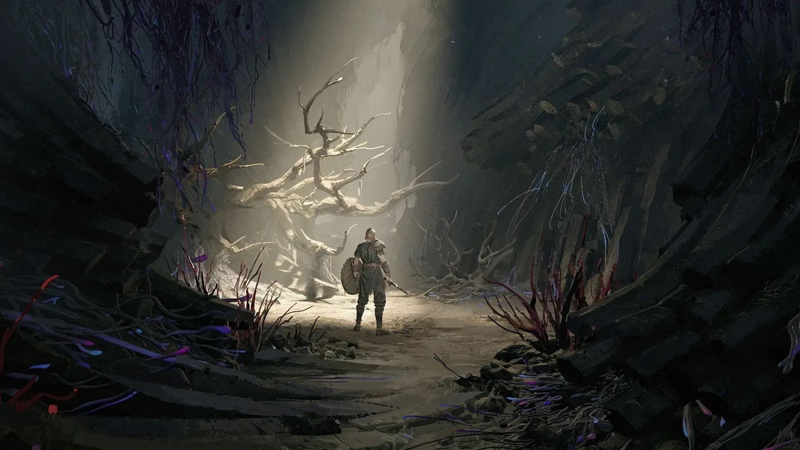 Caçador sozinho, com escudo redondo nas costas, caminhando por uma ravina corrompida em direção a uma árvore branca iluminada, em Mistfall Hunter