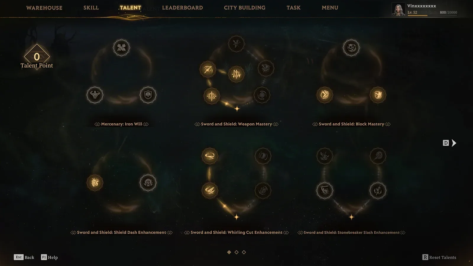 Tela de Talentos de Mistfall Hunter mostrando os grupos do Mercenary, com os nós de Sword and Shield para Shield Dash, Whirling Cut e Stonebreaker Slash