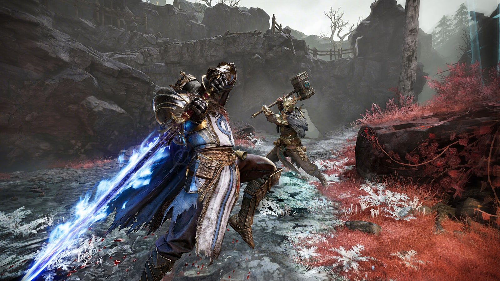 Dois jogadores em combate, com um deles fechando a distância em Mistfall Hunter