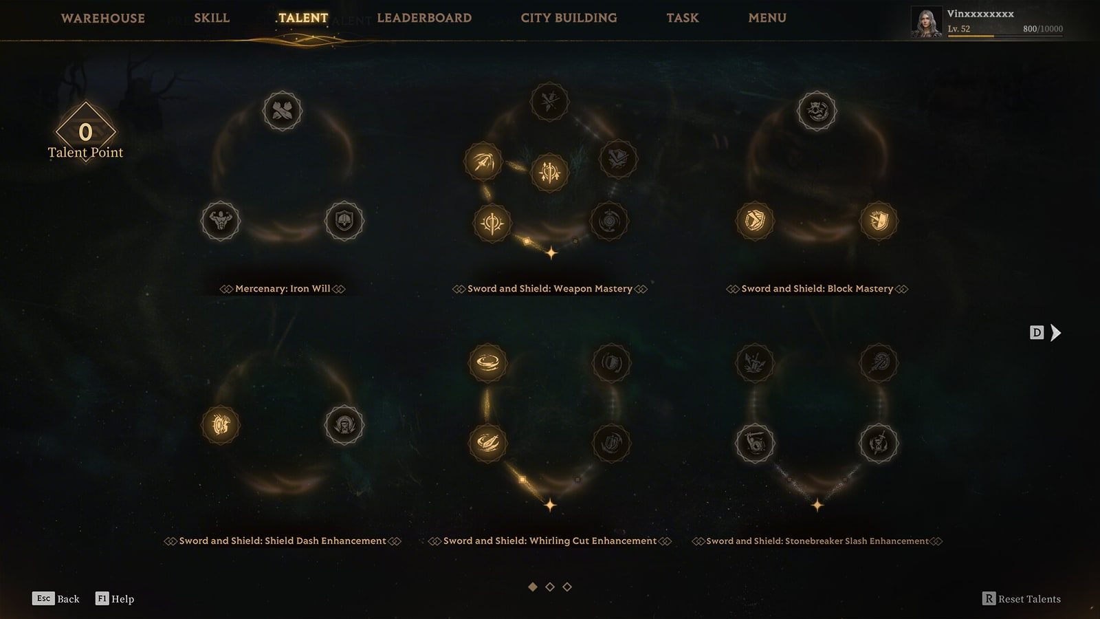 Tela de Talentos de Mistfall Hunter, com os anéis de talento e o botão de reset