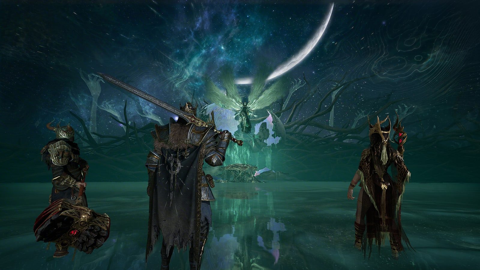 Três jogadores diante de uma figura divina no cenário de Mistfall Hunter
