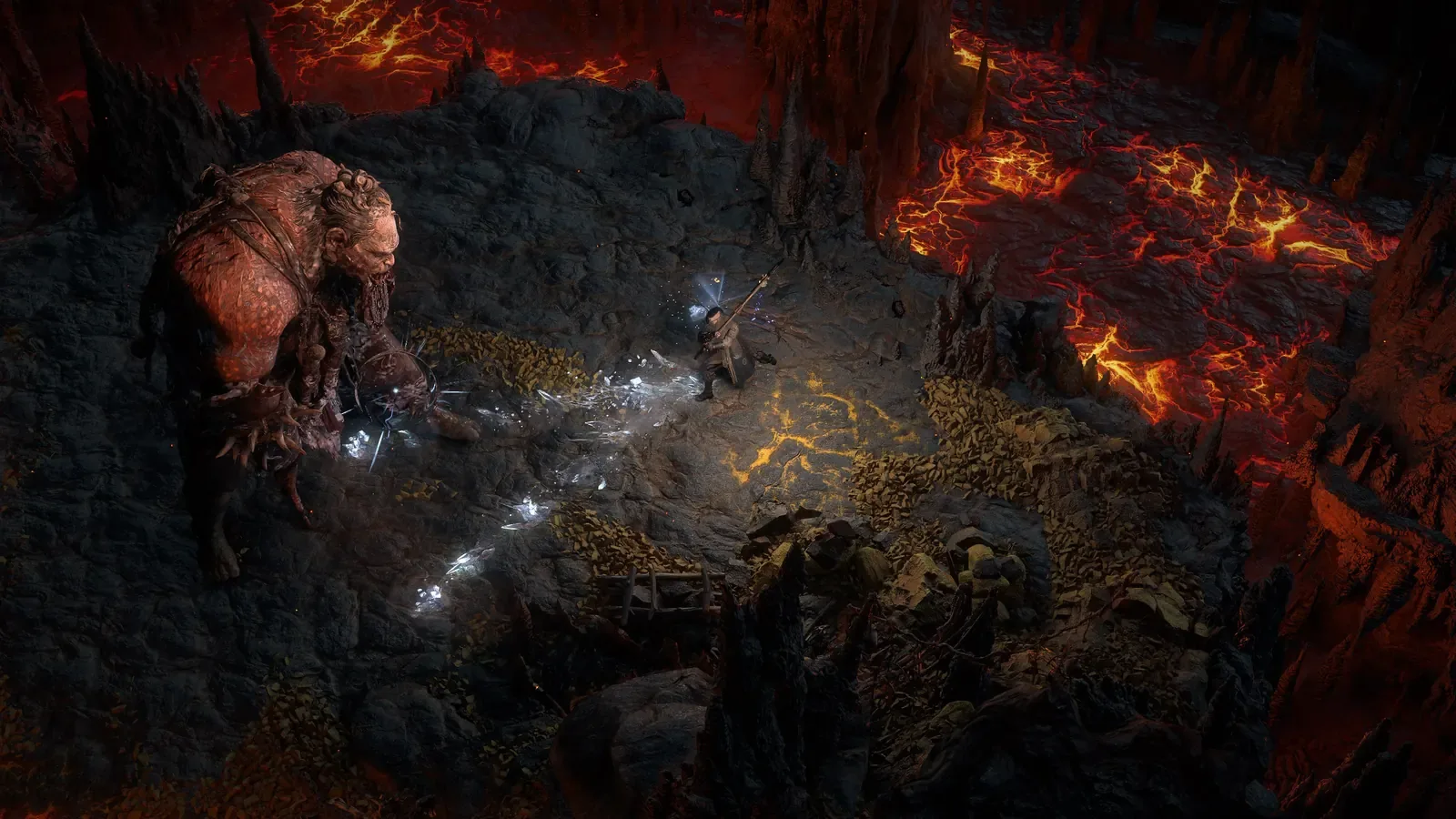 Personagem enfrenta um gigante numa caverna de lava em Path of Exile 2