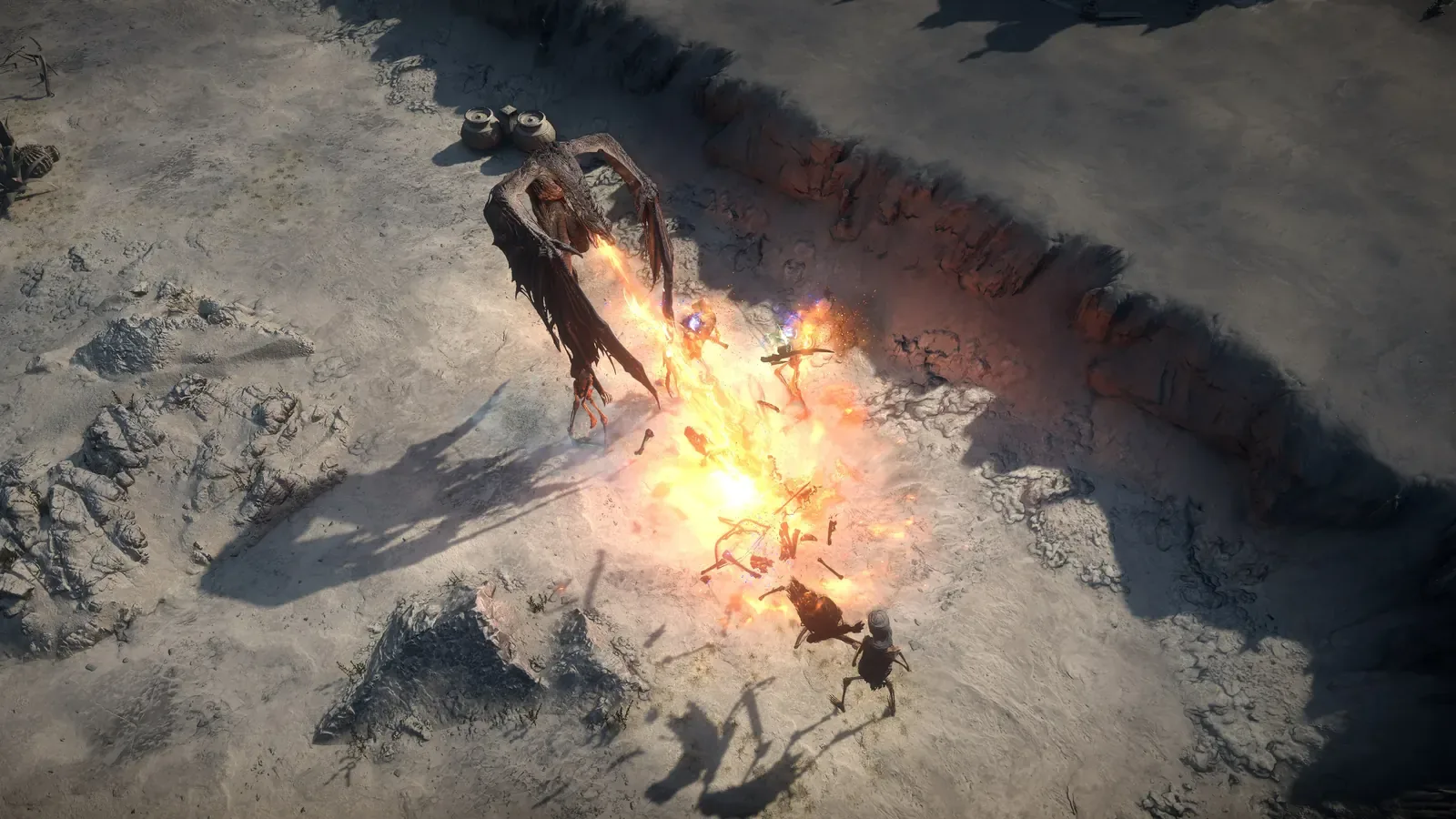 Combate na neve contra uma criatura alada em Path of Exile 2