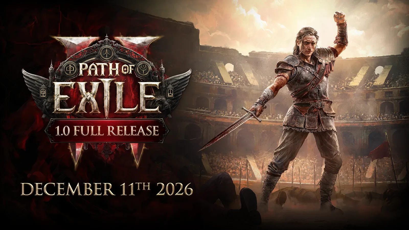 Arte oficial do lançamento 1.0 de Path of Exile 2, com o Duelista de espada em punho numa arena