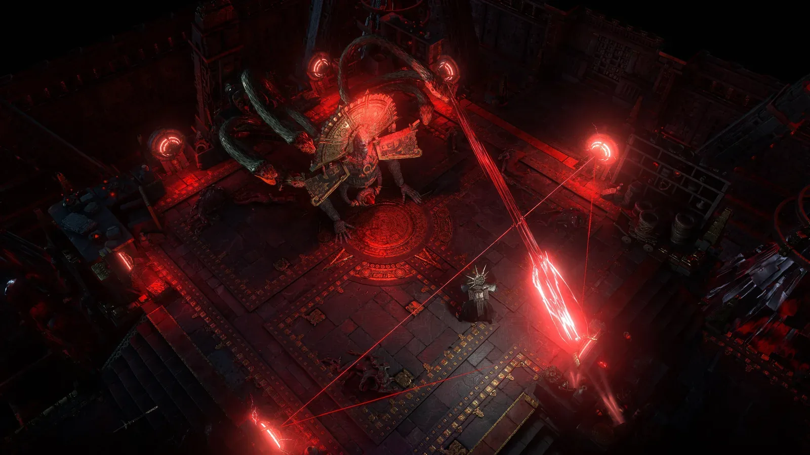 Luta de chefe numa arena de lasers vermelhos em Path of Exile 2