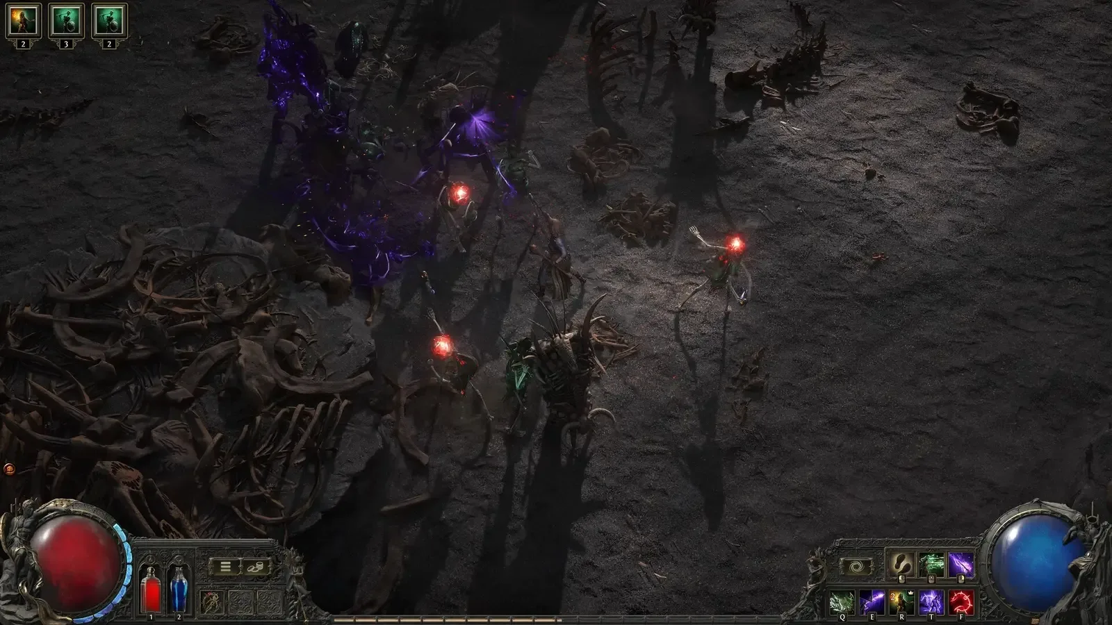 Criaturas abissais saindo do chão em um campo de ossos