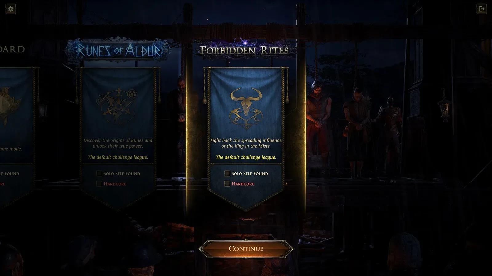 Tela de seleção de liga com Runes of Aldur e Forbidden Rites lado a lado