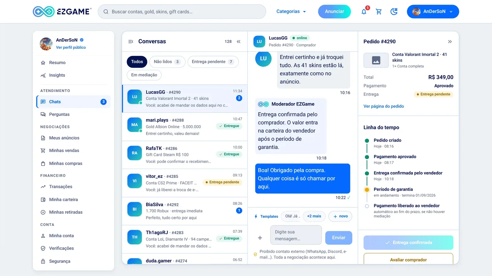 Central de chats da EZGame com a lista de conversas à esquerda, a conversa aberta no centro e a linha do tempo do pedido à direita