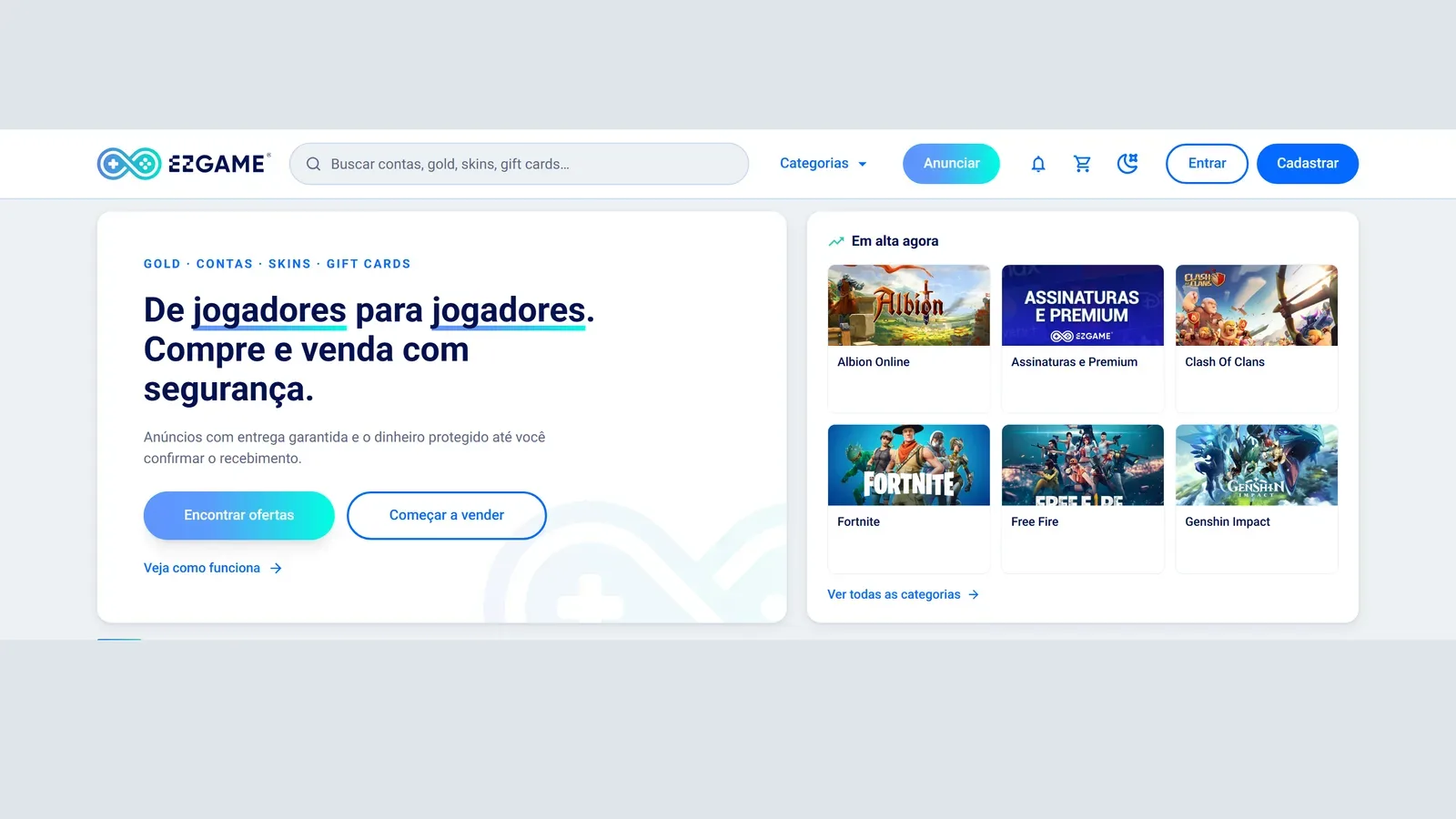 Página inicial da EZGame depois do redesign, com a chamada principal à esquerda e as categorias em alta à direita