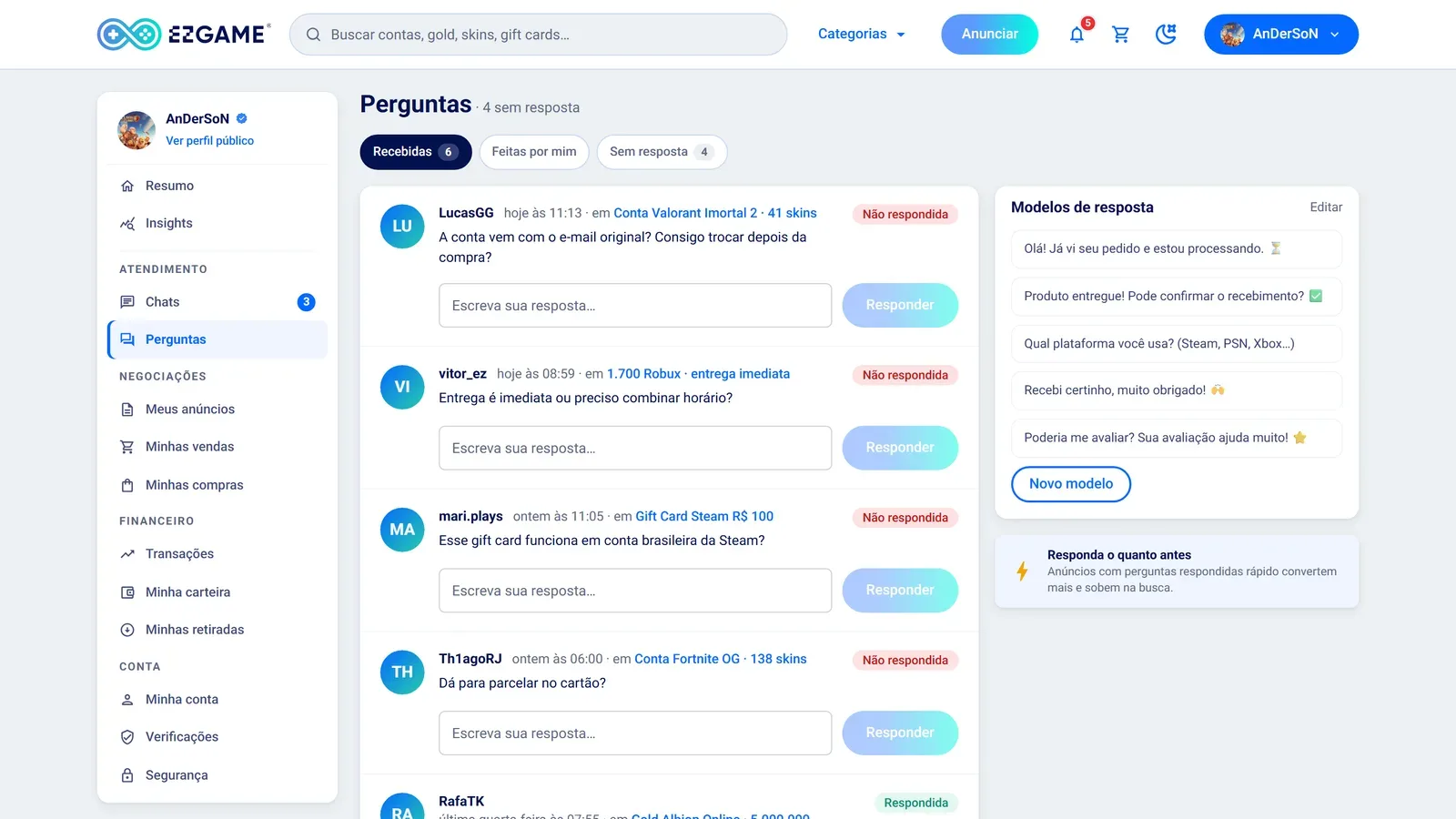 Página de Perguntas no painel da EZGame, com as perguntas recebidas à esquerda e os modelos de resposta salvos à direita