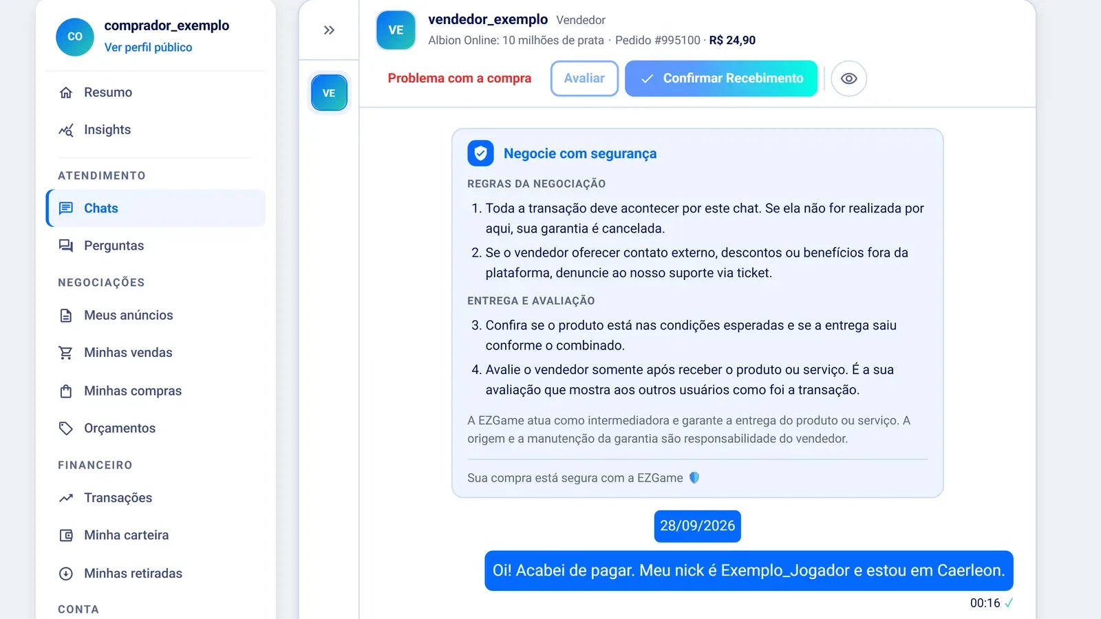 Chat de um pedido da EZGame aberto pelo comprador, com o card Negocie com segurança e o botão Problema com a compra no topo