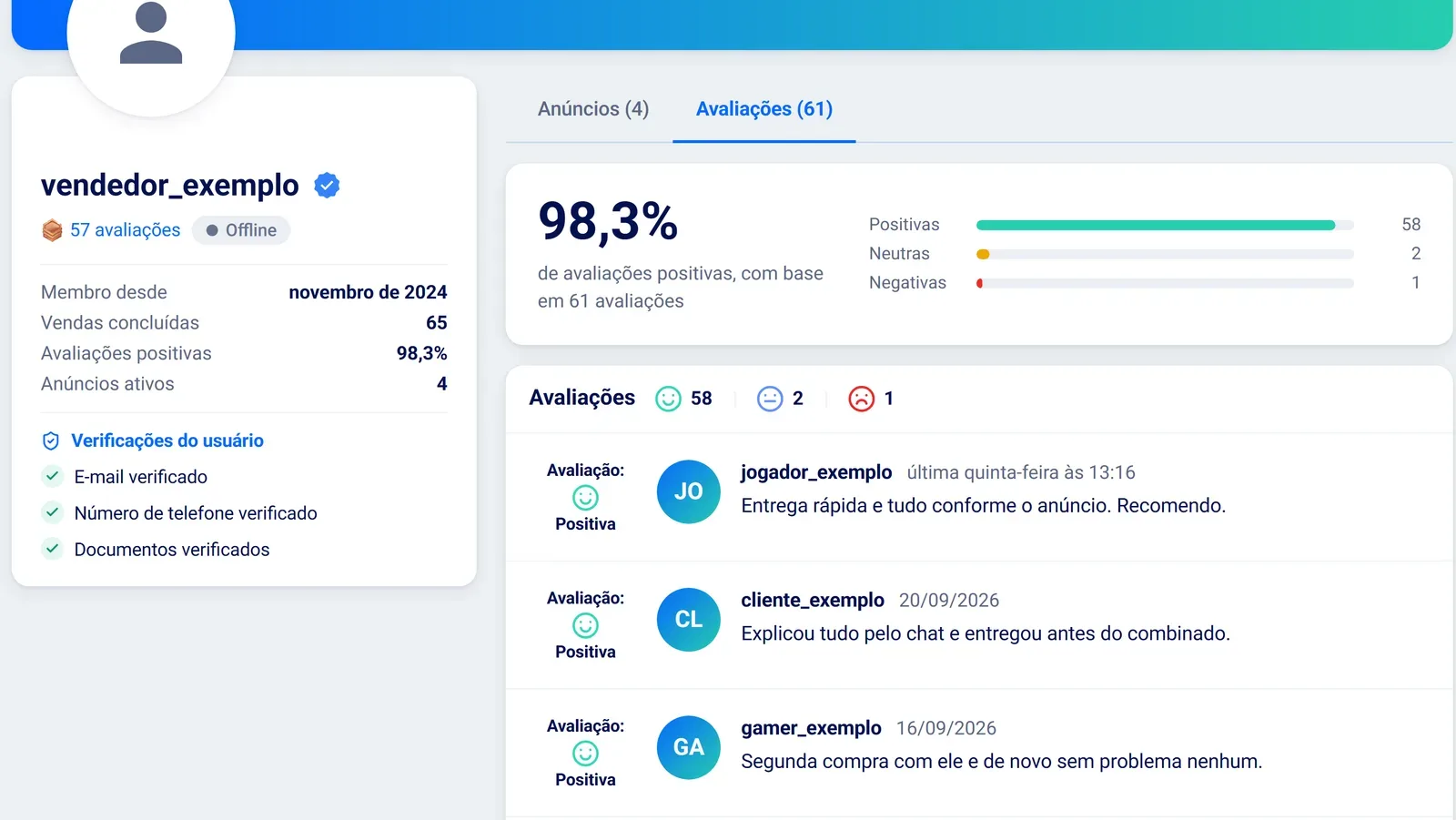 Perfil público de um vendedor na EZGame, com tempo de cadastro, vendas concluídas, percentual de avaliações positivas, verificações e selo de Vendedor Certificado